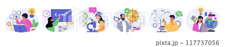 Education concept set in flat design for web. Collection with people learning science, reading books, brainstorming and getting knowledge, making tests with microscope in lab. Vector illustration. Education concept set in flat design for web. Collection with people learning science, reading books, brainstorming and getting knowledge, making tests with microscope in lab. Vector illustration. 117737056