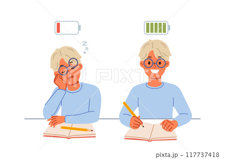 Exhausted schoolboy doing homework, showing comparison before and after healthy sleep or rest Exhausted schoolboy doing homework, showing comparison before and after healthy sleep or rest 117737418