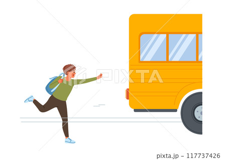 Boy who is late for school bus with backpack on back runs and screams loudly to make it to class 117737426