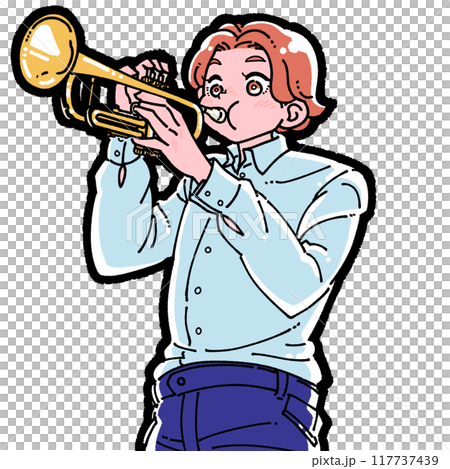 Illustration of a boy playing the trumpet 117737439