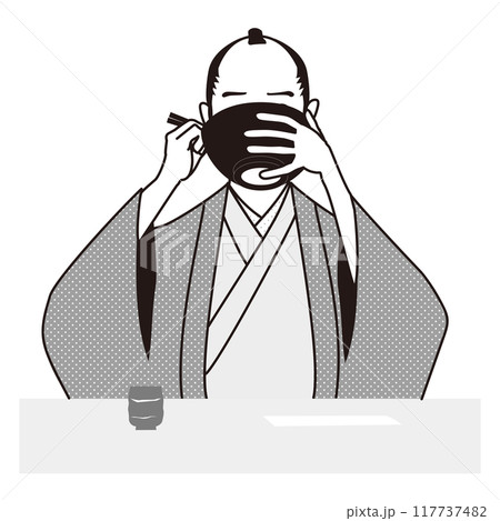 侍が麺を食べる　出汁を飲む 117737482