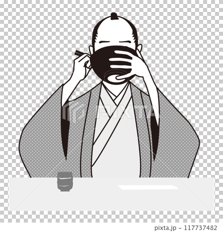 A samurai eating noodles and drinking broth 117737482