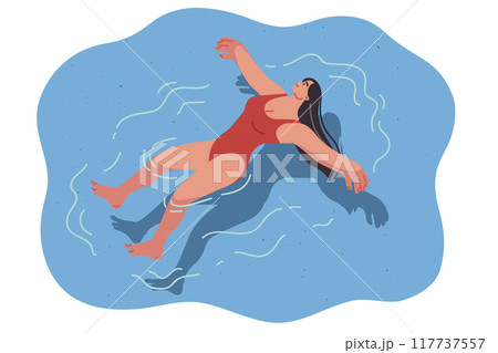 Woman floats on back in pool, enjoying water treatments that improve mood and relax body 117737557