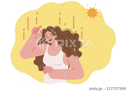 Sweaty woman suffers from unbearable heat and summer weather causing exhaustion and heatstroke 117737569