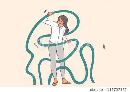 Woman is entangled in problems and troubles, and needs help to get out of binding ropes 117737575