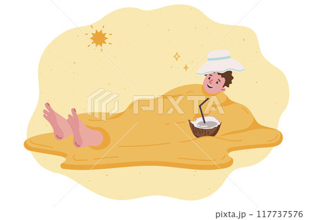 Man relaxing on beach is buried up to neck in sand during summer vacation at resort with friends 117737576