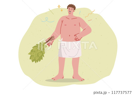 Smiling man bathhouse attendant holds birch broom for massage procedures in bathhouse 117737577