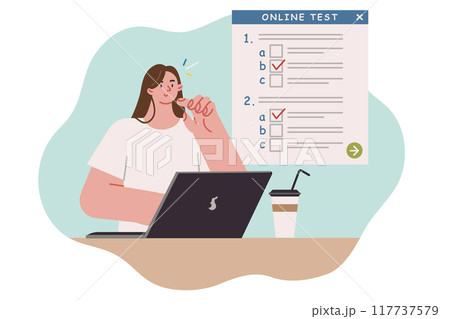 Woman student takes online test, sitting at table with laptop and preparing for exams at university 117737579