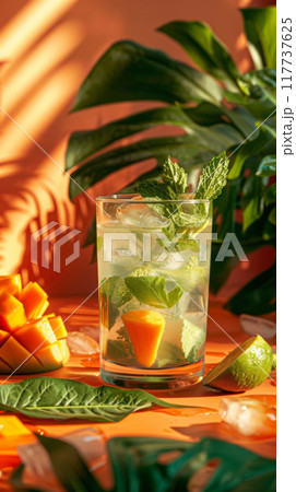 Refreshing Mango Cocktail with Orange Slice and Ice Cubes 117737625