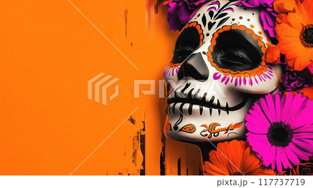 banner with Day of the Dead woman Face skull makeup on Vibrant orange Graffiti Background 117737719