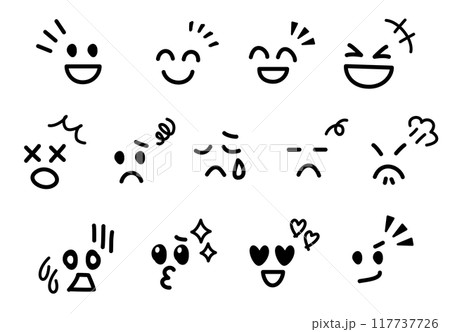 さまざまな表情の手書きのかわいい絵文字・顔文字　輪郭なし　黒 117737726
