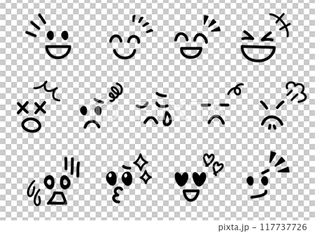 Cute hand-drawn emojis and emoticons with various expressions, no outline, black Cute hand-drawn emojis and emoticons with various expressions, no outline, black 117737726