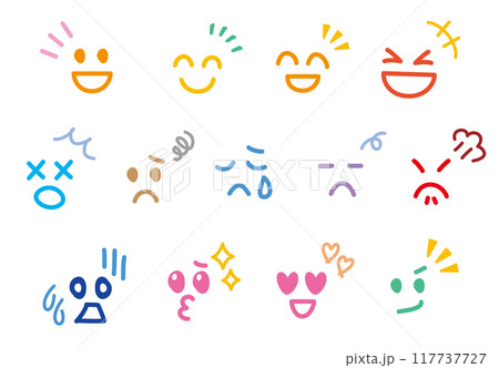 さまざまな表情の手書きのかわいい絵文字・顔文字　輪郭なし　カラフル 117737727