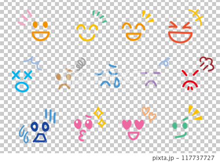 さまざまな表情の手書きのかわいい絵文字・顔文字　輪郭なし　カラフル 117737727