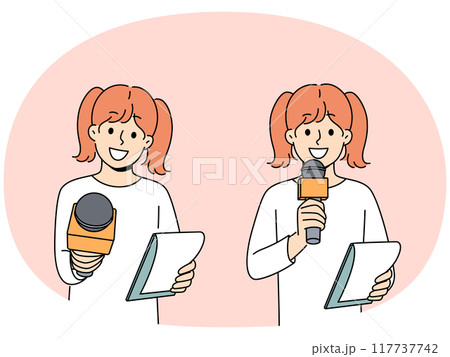 Little girl reporter with microphone smiling participating in shooting of educational TV show 117737742