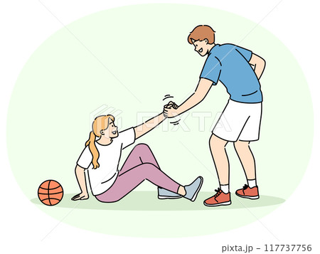 Basketball caviar helps fallen girl to stand up, showing team solidarity with injured opponent Basketball caviar helps fallen girl to stand up, showing team solidarity with injured opponent 117737756