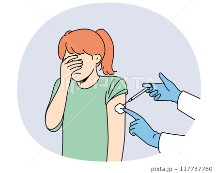 Crying little girl is afraid of injections and closes eyes during injection in shoulder Crying little girl is afraid of injections and closes eyes during injection in shoulder 117737760