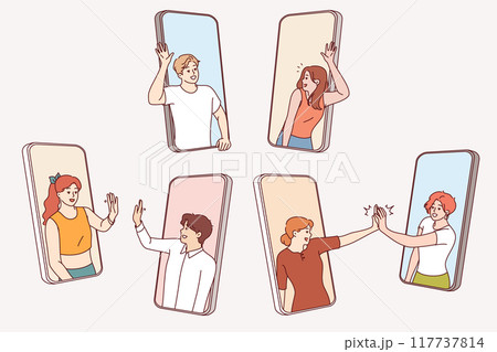 People on mobile phones wave hands in friendly manner and want to communicate and get to know each 117737814
