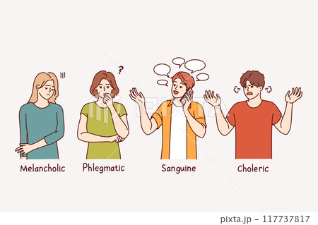 People with different temperament with text melancholic and phlegmatic or sanguine and choleric 117737817