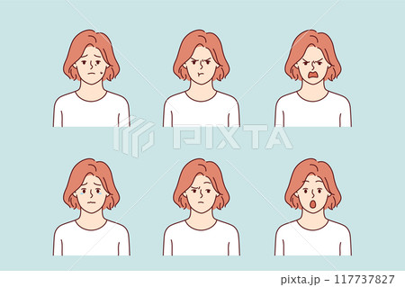 Negative woman shows different grimaces, experiencing mental crisis, after onset of dark streak 117737827