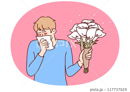 Allergic man holding bouquet flowers and using handkerchief suffering from pollen Allergic man holding bouquet flowers and using handkerchief suffering from pollen 117737829