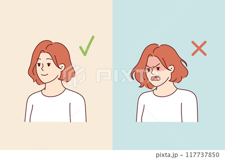 Woman with positive and negative grimace experiences sudden mood swings due to bipolar disorder Woman with positive and negative grimace experiences sudden mood swings due to bipolar disorder 117737850