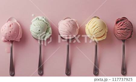 Colorful Ice Cream Scoops on Spoons with Pastel Background Colorful Ice Cream Scoops on Spoons with Pastel Background 117737925