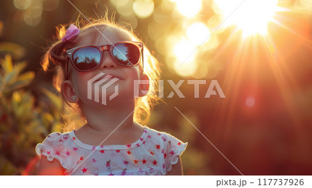 Happy Child in Sunglasses at Sunset 117737926