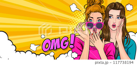 Woman whispering gossip secret to her friend surprise In Retro Vintage Pop Art Comic Style Woman whispering gossip secret to her friend surprise In Retro Vintage Pop Art Comic Style 117738194