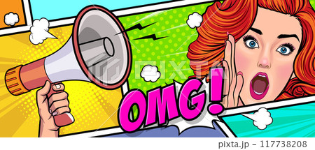 Hand holds megaphone bullhorn in retro pop art comic style Advertising banner with megaphone. Announcement of news, sales, special offer, sale, Loudspeaker announces Hand holds megaphone bullhorn in retro pop art comic style Advertising banner with megaphone. Announcement of news, sales, special offer, sale, Loudspeaker announces 117738208
