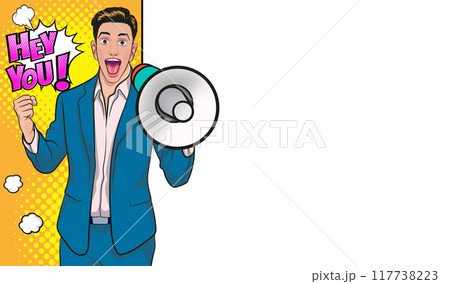 Business man with loudspeaker megaphone announcing discount or sale Special offer shopping time Business man with loudspeaker megaphone announcing discount or sale Special offer shopping time 117738223