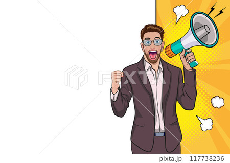 Business man with loudspeaker megaphone announcing discount or sale Special offer shopping time Business man with loudspeaker megaphone announcing discount or sale Special offer shopping time 117738236