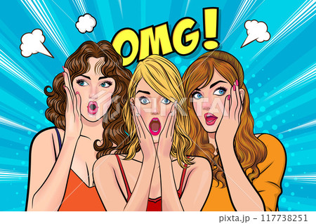 Woman whispering gossip secret to her friend surprise In Retro Vintage Pop Art Comic Style Woman whispering gossip secret to her friend surprise In Retro Vintage Pop Art Comic Style 117738251