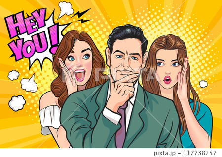 people whispering gossip or business secret to friend surprised In Retro Vintage Pop Art Comic Style people whispering gossip or business secret to friend surprised In Retro Vintage Pop Art Comic Style 117738257