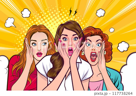 Woman whispering gossip secret to her friend surprise In Retro Vintage Pop Art Comic Style 117738264