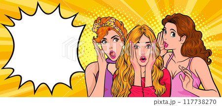 Woman whispering gossip secret to her friend surprise In Retro Vintage Pop Art Comic Style 117738270