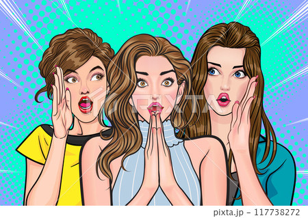 Woman whispering gossip secret to her friend surprise In Retro Vintage Pop Art Comic Style 117738272