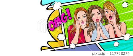 Woman whispering gossip secret to her friend surprise In Retro Vintage Pop Art Comic Style Woman whispering gossip secret to her friend surprise In Retro Vintage Pop Art Comic Style 117738274