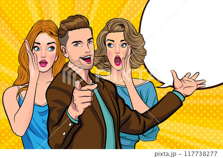 people whispering gossip or business secret to friend surprised In Retro Vintage Pop Art Comic Style people whispering gossip or business secret to friend surprised In Retro Vintage Pop Art Comic Style 117738277