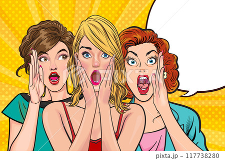 Woman whispering gossip secret to her friend surprise In Retro Vintage Pop Art Comic Style Woman whispering gossip secret to her friend surprise In Retro Vintage Pop Art Comic Style 117738280