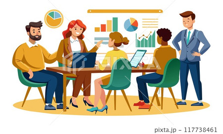 Charts guide the way! A European business team reviews data presented on a whiteboard. Together, they chart the course to success. 117738461