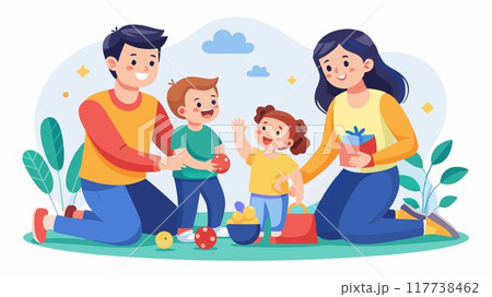 Building a strong foundation through shared experiences. This scene depicts parents and children playing together, highlighting the importance of family interaction in child development. 117738462