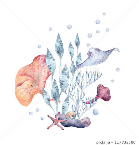 Undersea fantasy arrangement hand drawn with seaweeds stingray fish in watercolor . Aquatic illustration with sea animals in blue and soft pink tones painting. Gentle marine design for summer print 117738506