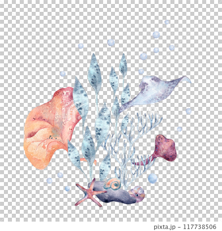 Undersea fantasy arrangement hand drawn with seaweeds stingray fish in watercolor . Aquatic illustration with sea animals in blue and soft pink tones painting. Gentle marine design for summer print 117738506