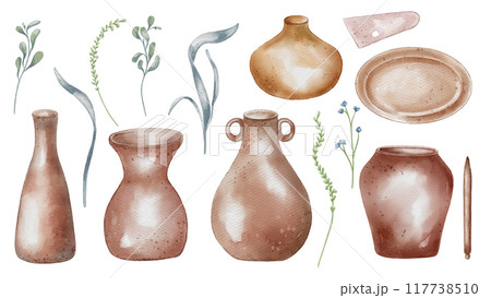 Set of clay dishes and plant stems hand drawn. Pottery vases and jugs with floral elements watercolor illustration isolated. Kitchen utensil handmade pottery art. Element for ceramics workshop Set of clay dishes and plant stems hand drawn. Pottery vases and jugs with floral elements watercolor illustration isolated. Kitchen utensil handmade pottery art. Element for ceramics workshop 117738510