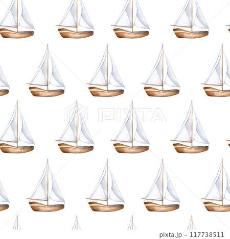 Simple ship in cute style beige tone watercolor seamless pattern isolated. Sailboat, vessel, sea transport hand drawn endless background. Childish nautical design for boys room, textile 117738511