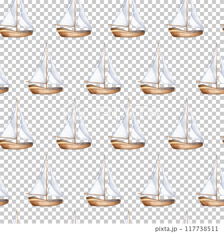 Simple ship in cute style beige tone watercolor seamless pattern isolated. Sailboat, vessel, sea transport hand drawn endless background. Childish nautical design for boys room, textile 117738511