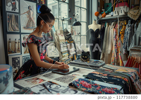 Young woman creating stylish dress in bustling fashion studio surrounded by fabric samples and inspiration boards. Focused on fashion design with rich textures and patterns Young woman creating stylish dress in bustling fashion studio surrounded by fabric samples and inspiration boards. Focused on fashion design with rich textures and patterns 117738880