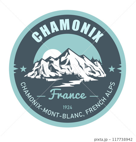 Chamonix Mont Blanc stamp, resort in French Alps, Mont Blanc, emblem with snow covered peaks, vector Chamonix Mont Blanc stamp, resort in French Alps, Mont Blanc, emblem with snow covered peaks, vector 117738942