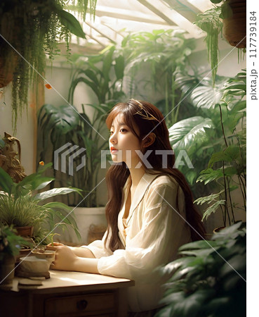 白い建物の一室に植物と住むティーン少女のポートレート 117739184
